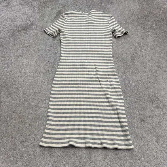 Theory Ribbed Knit Bodycon Midi Dress Womens XSP Gray White Striped Crew Neck - Picture 2 of 14